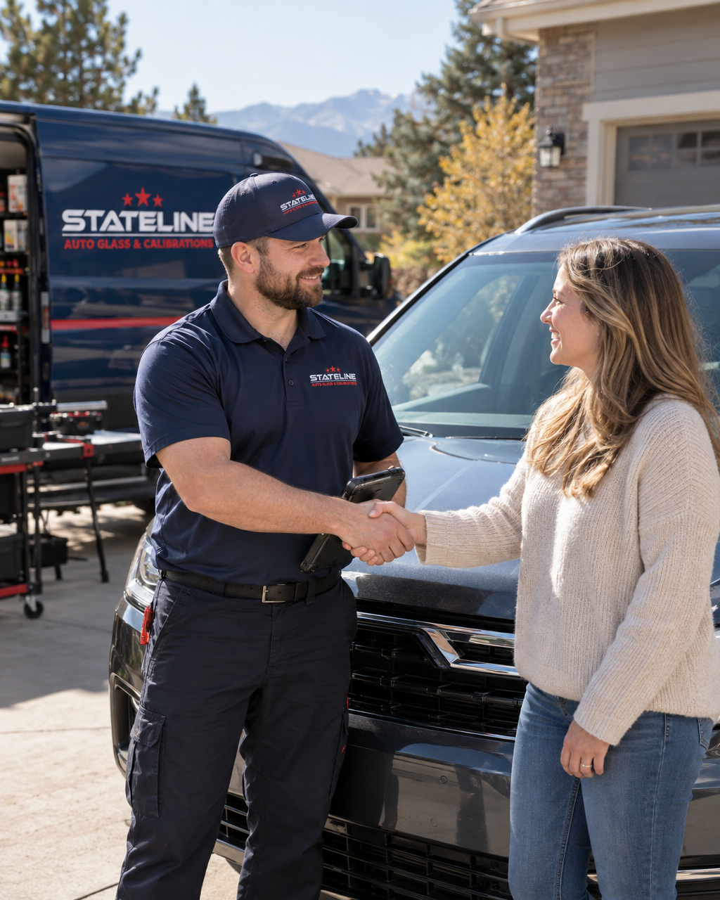 Stateline technician greeting a customer in her driveway
